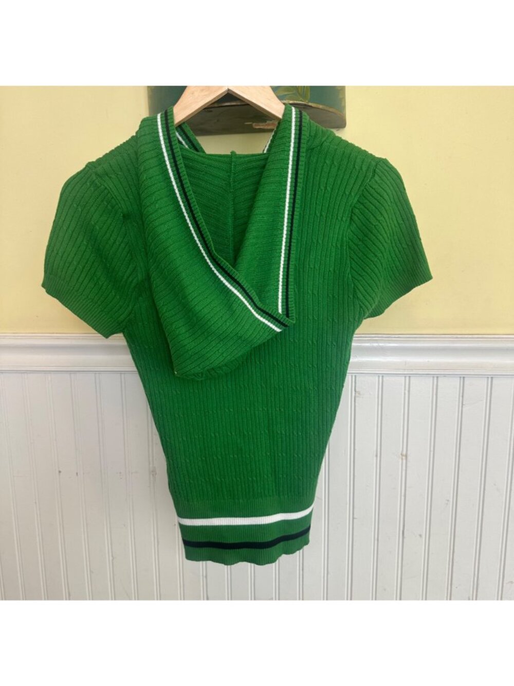 Fabulosity XL Vintage Y2K Green Ribbed Short-Sleeve Hoodie Sweater - Picture 2 of 6